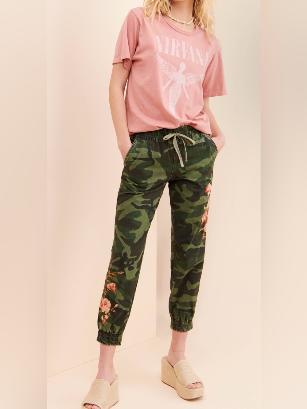 DRIFTWOOD Green Camo Jogger Pants with Floral Embroidery